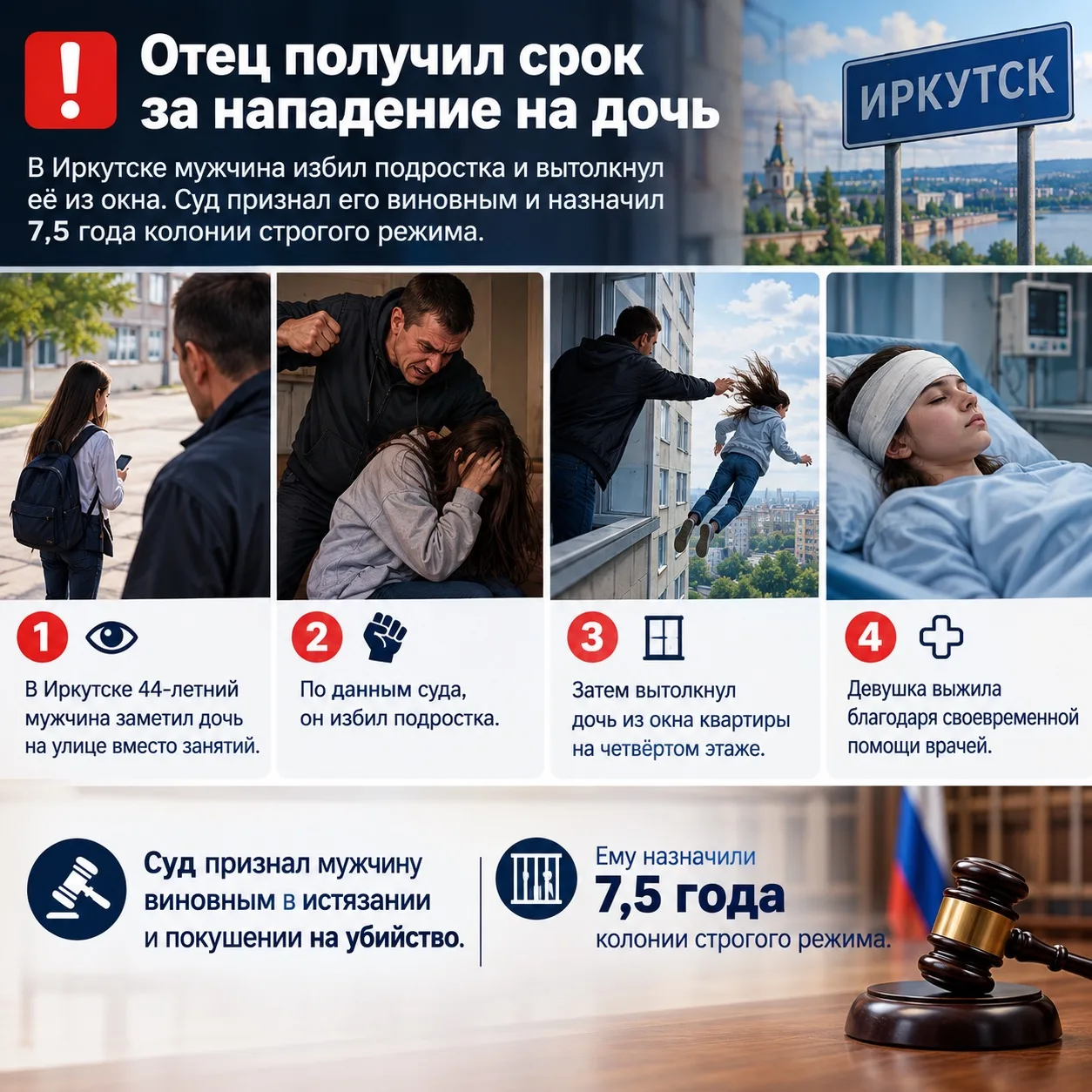 ❗️ В Иркутске мужчина получил 7,5 года колонии за нападение на несовершеннолетнюю дочь