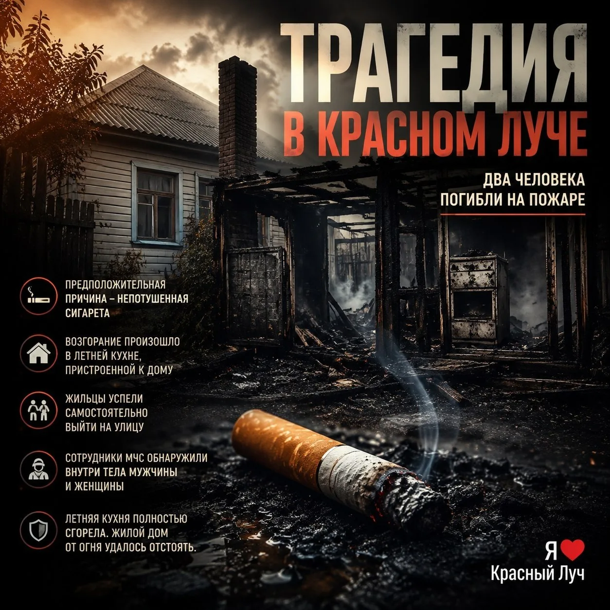 🔥 Трагедия в Красном Луче: два человека погибли на пожаре

🚬 Предположительная причина — непотушен