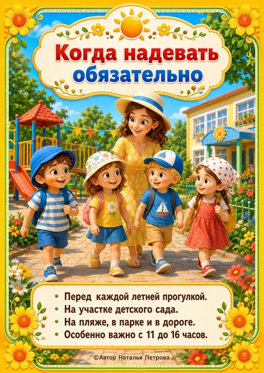 Уважаемые родители! ☀️

В летний период продолжительность прогулок на свежем воздухе увеличивается, 
