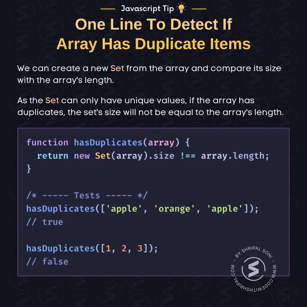 Совет по JavaScript 💡

Одна строка кода, чтобы определить, есть ли в массиве дубликаты 🤩

👉 @fron