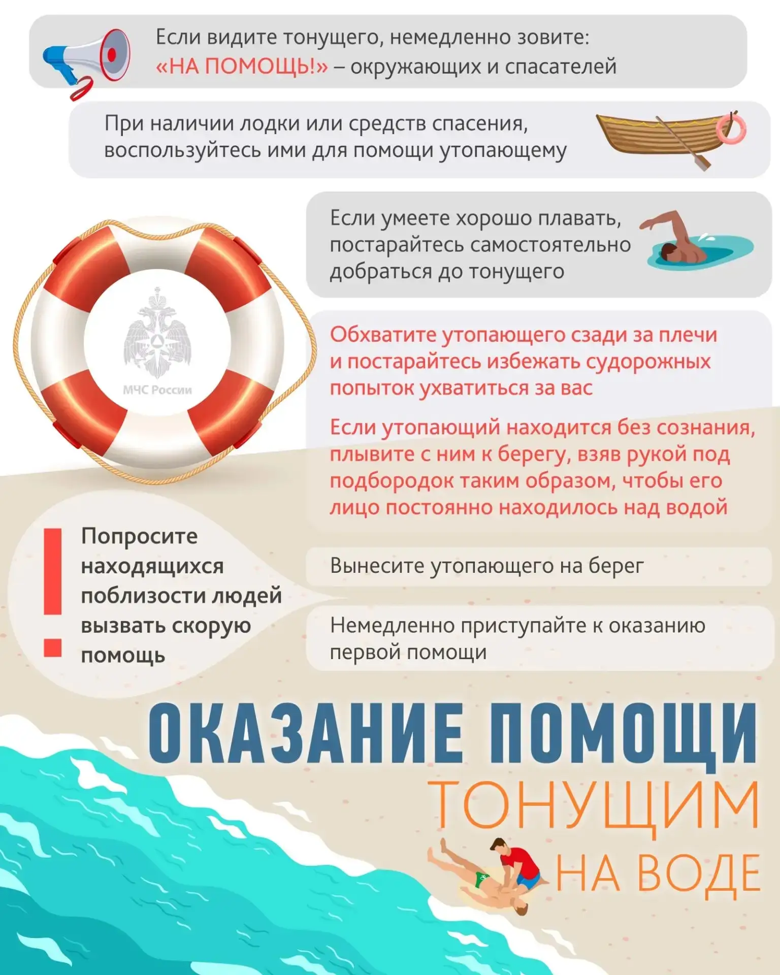 ❗МЧС России напоминает о правилах оказания первой помощи тонущим на воде.