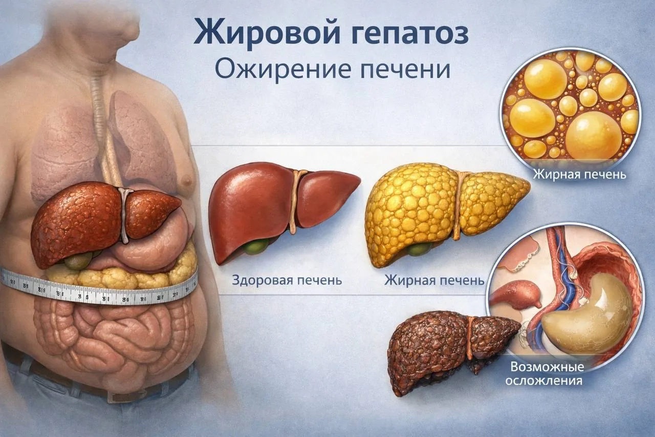 Врач диагностировал 
👉 «жировой гепатоз»

И дальше стандарт: похудеть, меньше жирного, больше двига