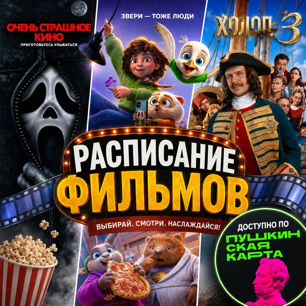 🎬 Расписание сеансов 
с 18 по 24 июня 2026

▪10:15 Зверолюция/2D/6+| 300 

▪12:05 Холоп 3/2D/16+💳|