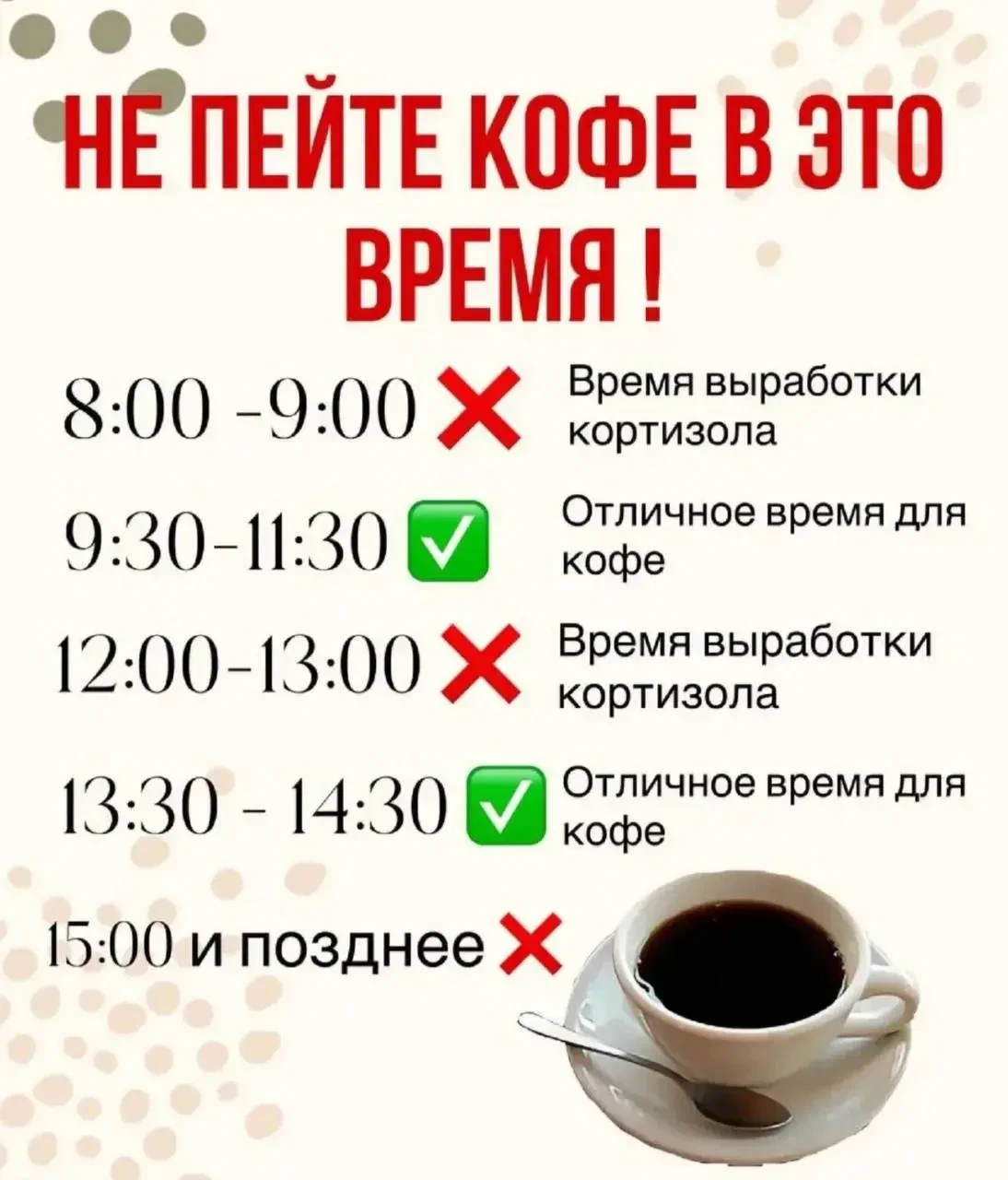 Лучшее время для кофе!  Употребление кофе на пике выработки кортизола может привести к следующим пос