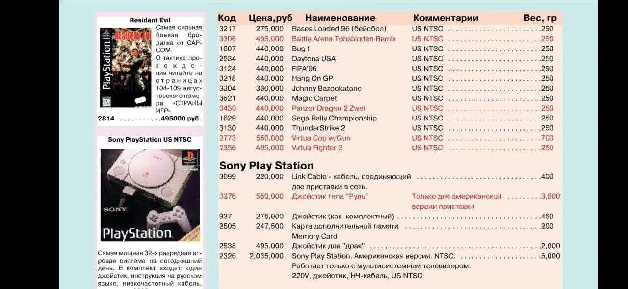 1996 год - первое появление PlayStation в России. Цены на лицензионные диски.

Стоимость самой консо