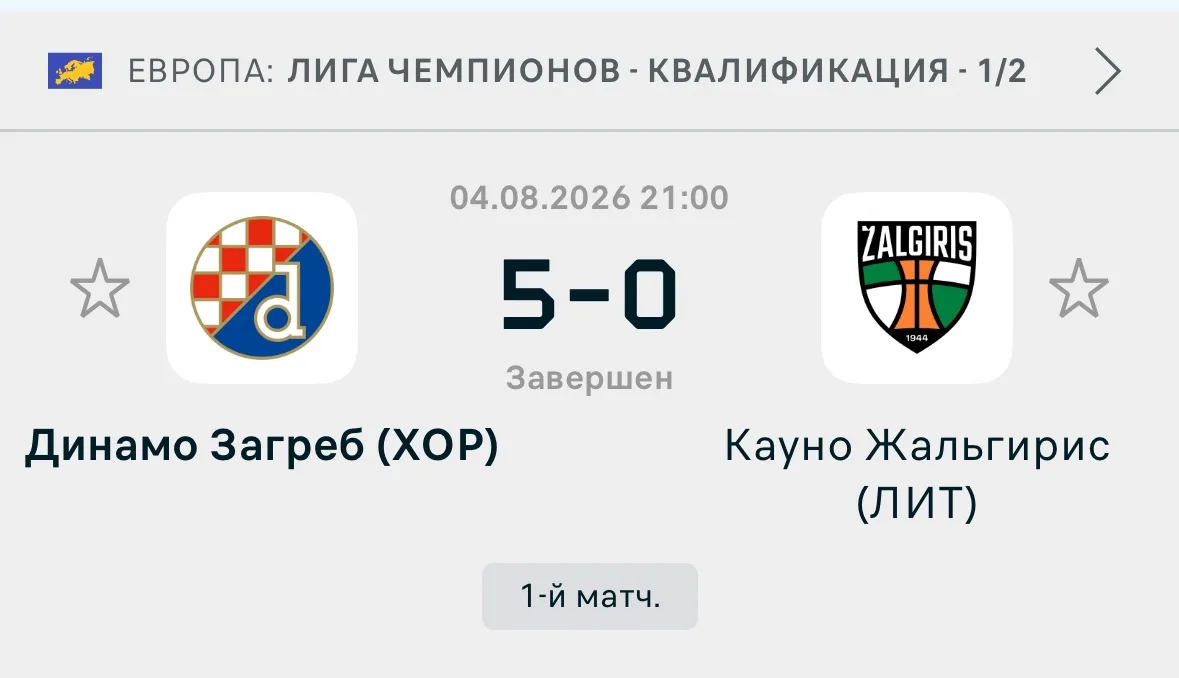 Разгром в Загребе. Динамо не оставило Жальгирису ни единого шанса — 5:0.