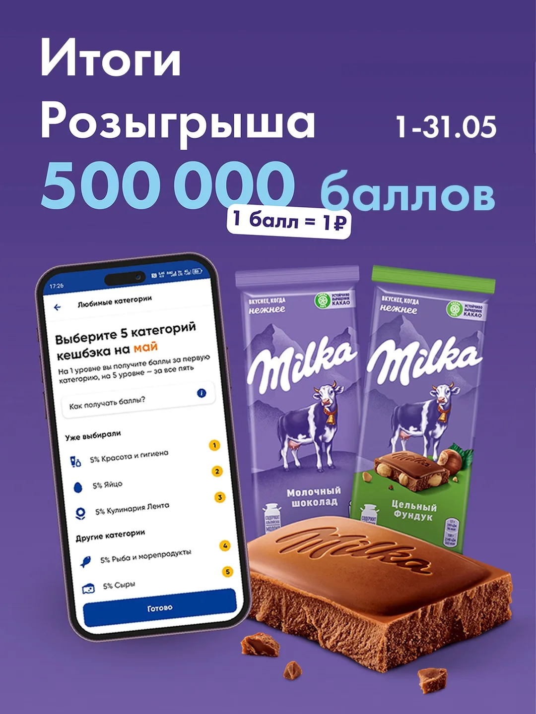 🎉 Итоги розыгрыша от от Milka и «Ленты»
 
Спасибо всем за участие! ☺️

🍫 Результаты розыгрыша 500 