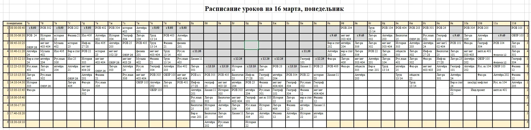 Расписание уроков на понедельник