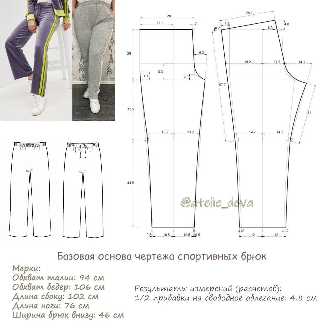 Базовая основа чертежа женских спортивных брюк.