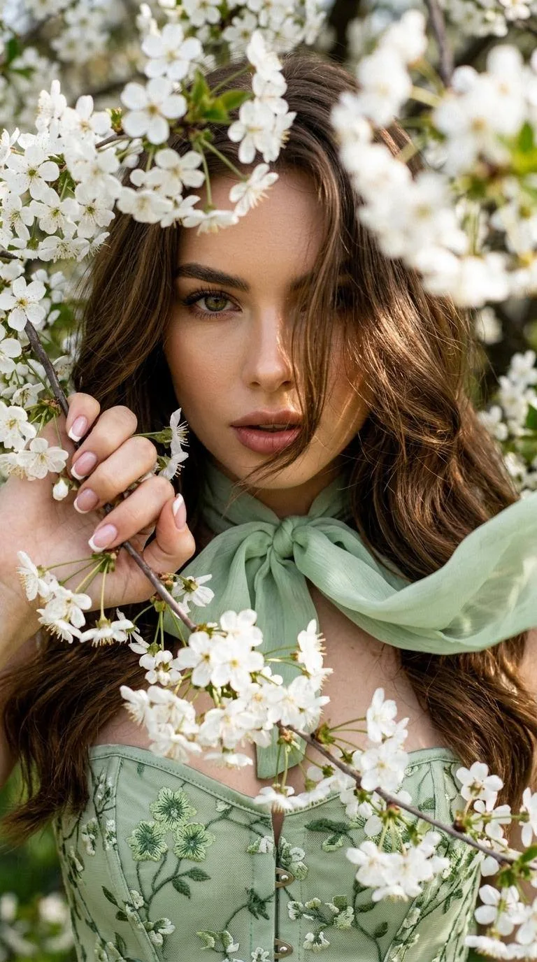 Цветочный взгляд 🌸  Экстремально крупный план лица. Девушка сидит в кустах цветов белых мелких и при