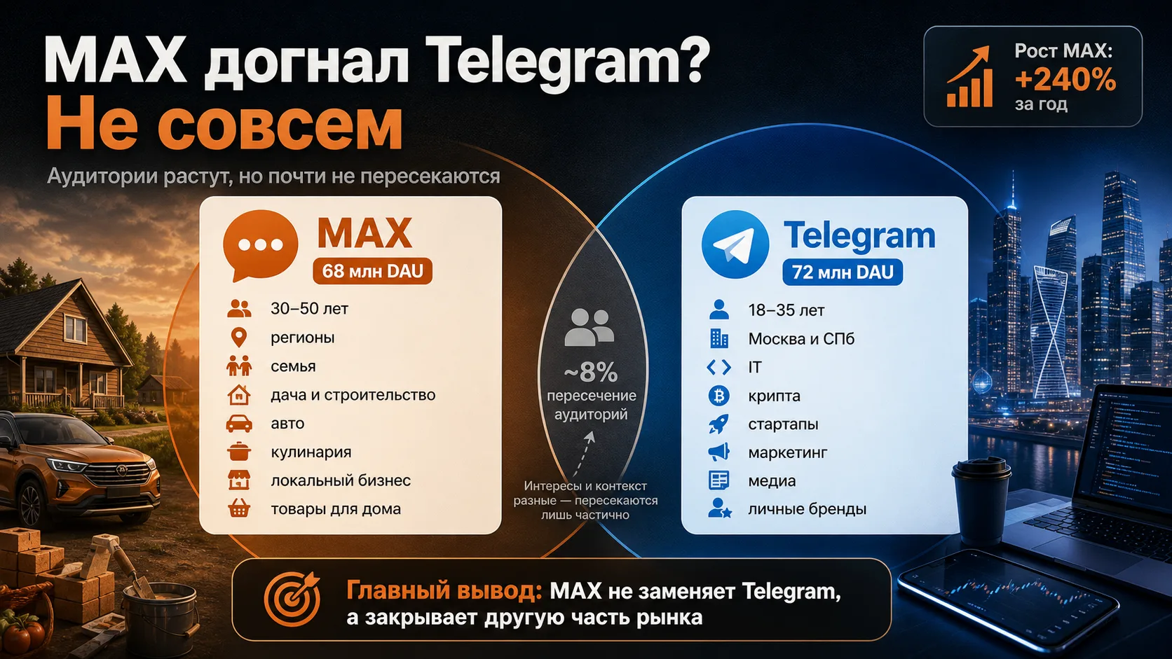 MAX догнал Telegram? Не совсем

Всю неделю в заголовках пишут, что MAX догнал Telegram:
68 млн проти