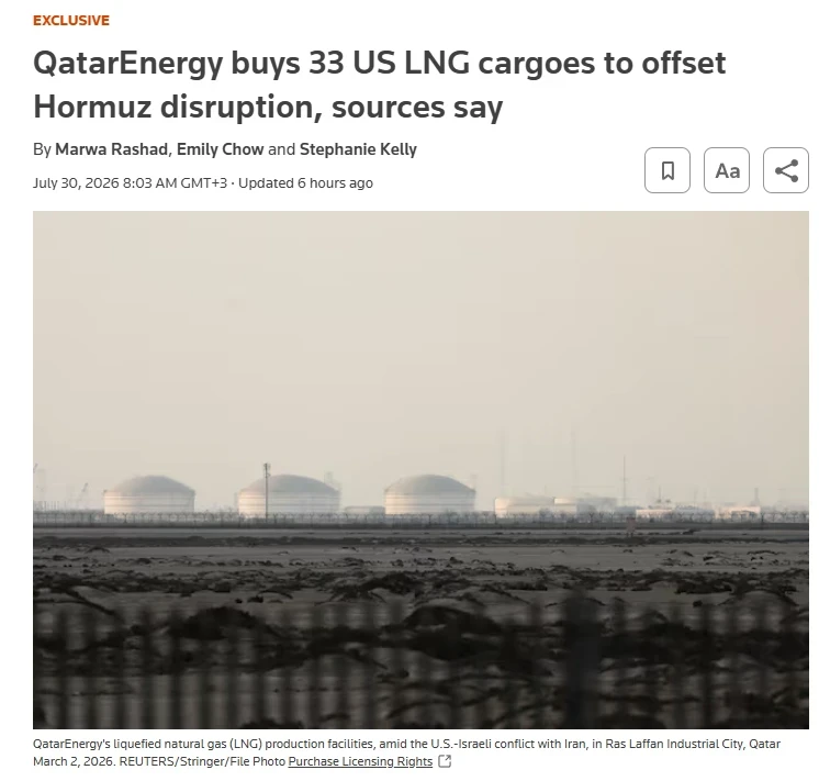 QatarEnergy закупает 33 партии СПГ в США, чтобы компенсировать сбои в работе Ормузского узла — Reute