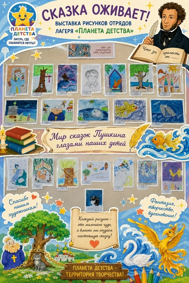 🎨📚 Сказка оживает в рисунках!

В лагере «Планета Детства» прошла замечательная выставка рисунков, 