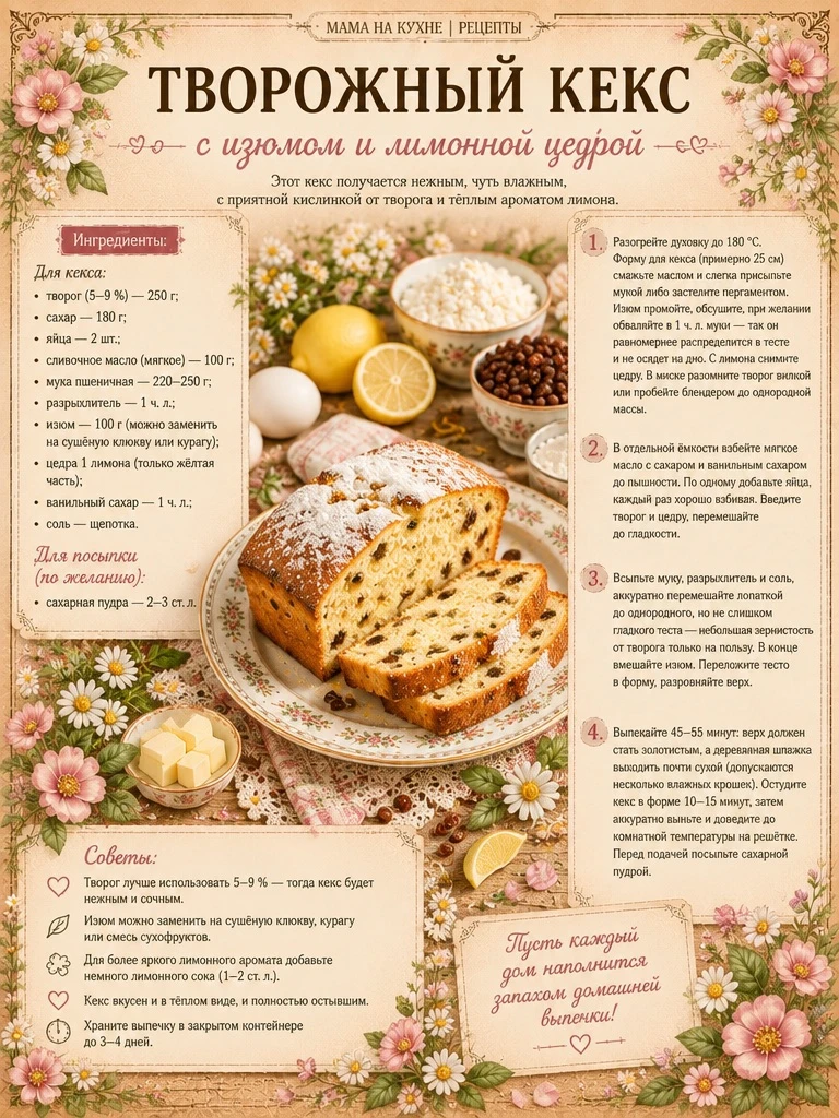 🌸 Творожный кекс с изюмом и лимонной цедрой 🌸