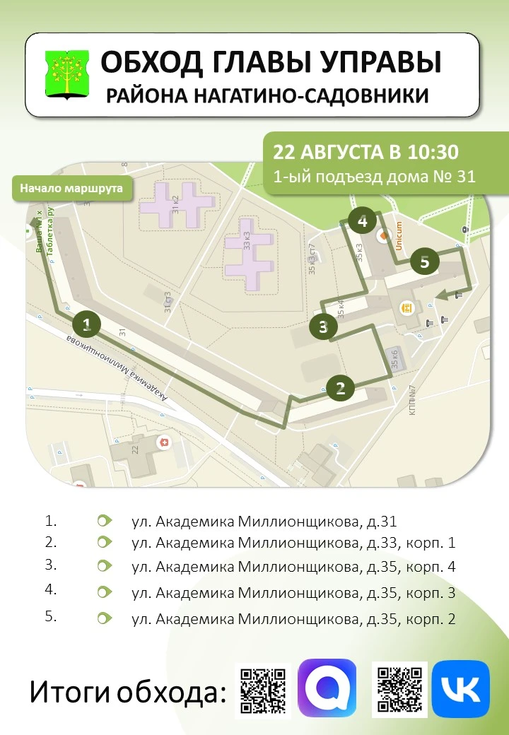 ✍22 августа обход территории района пройдёт по улице Академика Миллионщикова