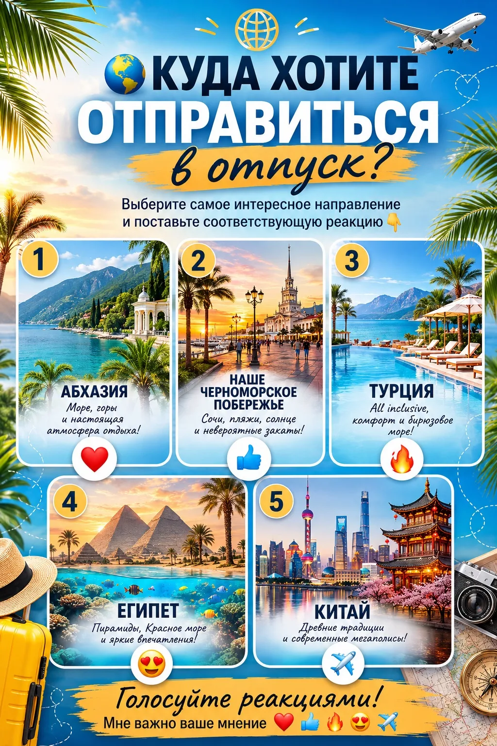 🌍 КУДА ХОТИТЕ ОТПРАВИТЬСЯ В ОТПУСК?

Друзья, помогите мне понять, какие направления сейчас наиболее