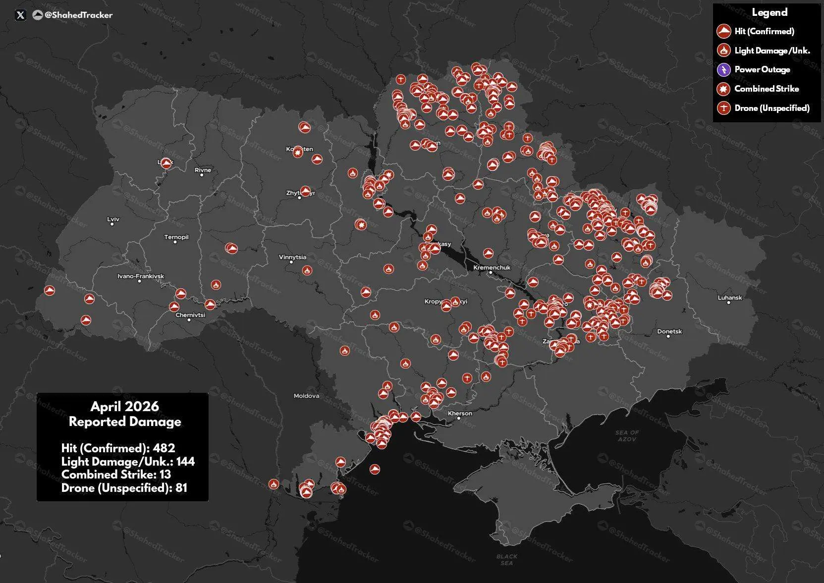 Статистика зарегистрированных поражений объектов на Украине дронами «Герань» за апрель 2026 года. 
П