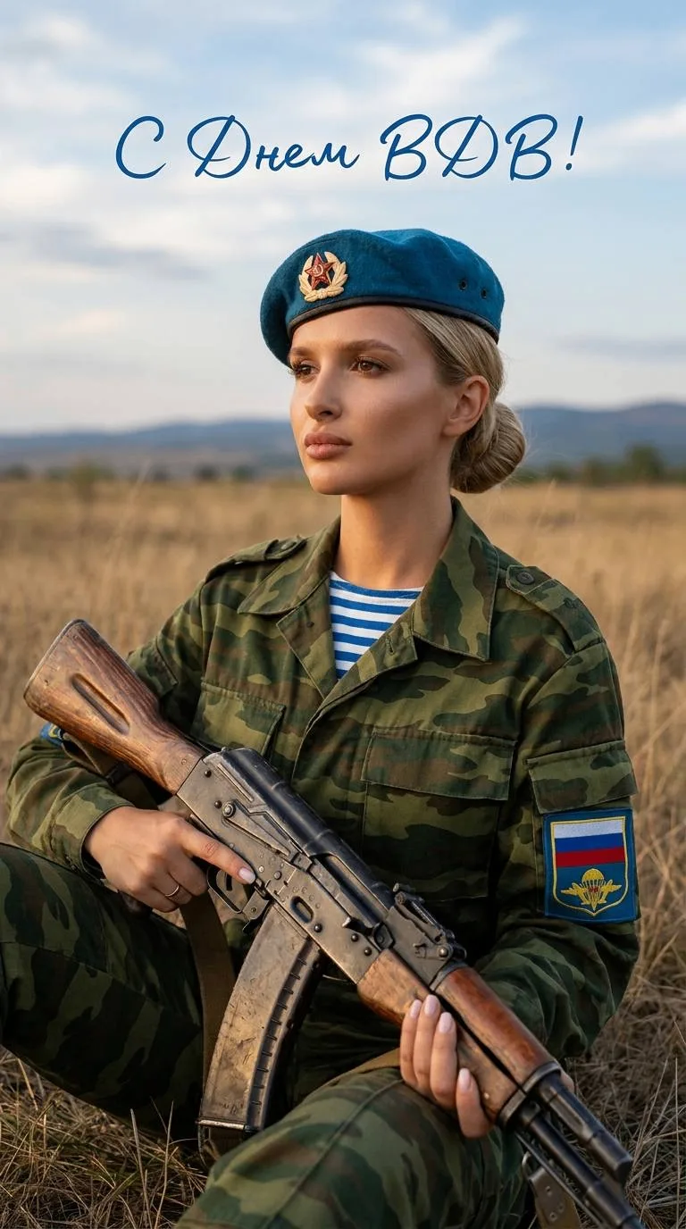 Создай портрет, не меняя черты лица. Портрет девушки-военнослужащей ВДВ России в поле при дневном св