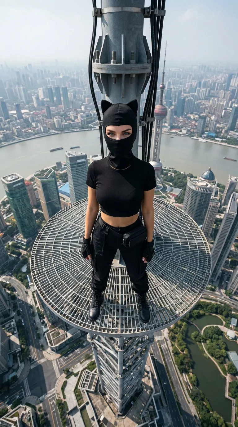 Ultra-realistic cinematic vertical 9:16 photo, staged CGI extreme rooftop editorial pho...
