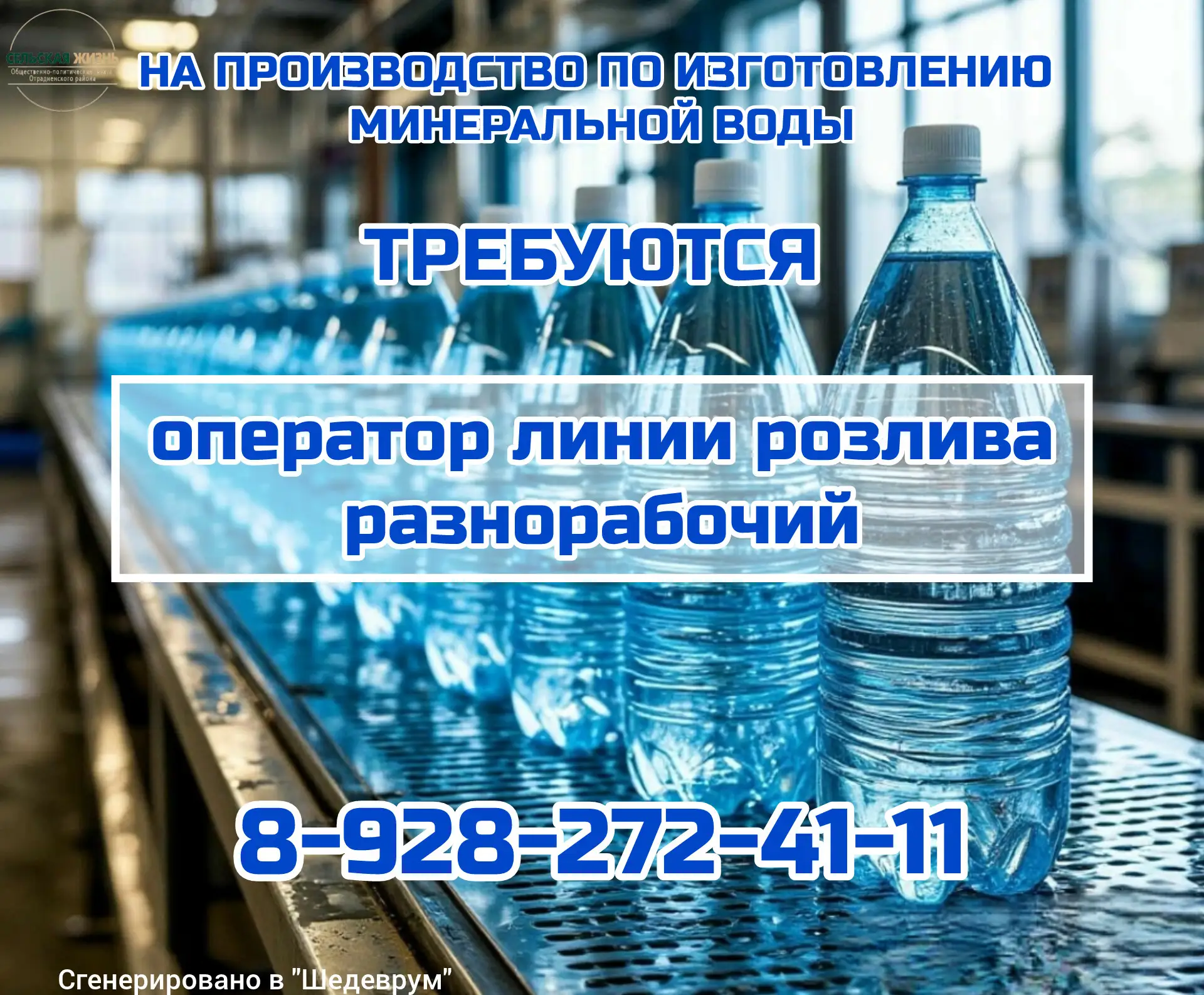 На производство по изготовлению минеральной воды требуются:

📍оператор линии розлива,
📍разнорабочи