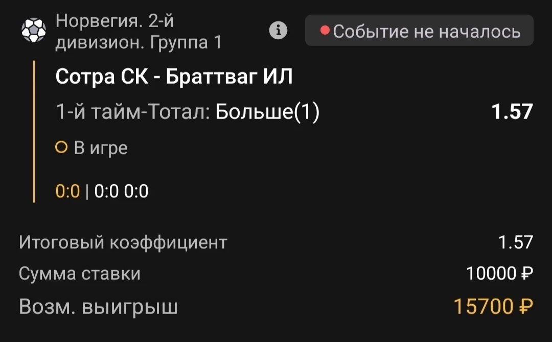 1-й тайм | Тотал 0.5-1 (Б)