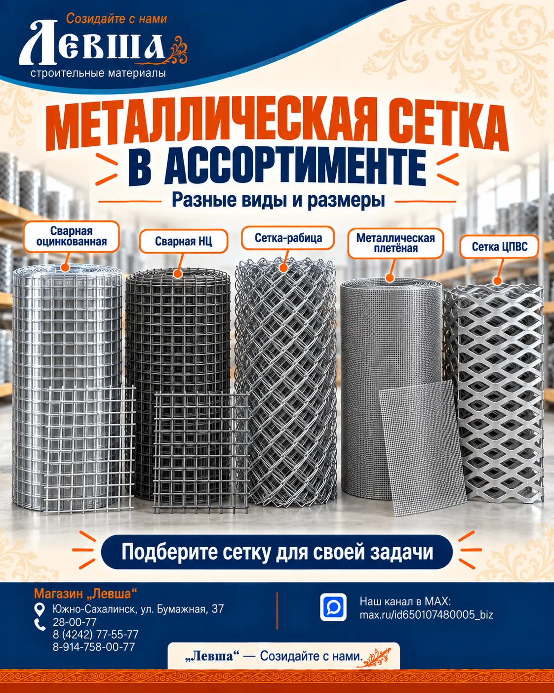 🔩 МЕТАЛЛИЧЕСКАЯ СЕТКА В АССОРТИМЕНТЕ В «ЛЕВШЕ»!