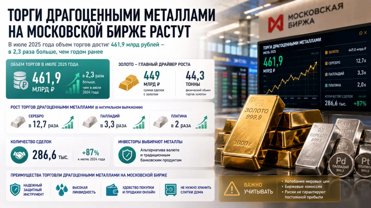 Объем торгов драгоценными металлами на Московской бирже в июле достиг 461,9 млрд рублей — в 2,3 раза