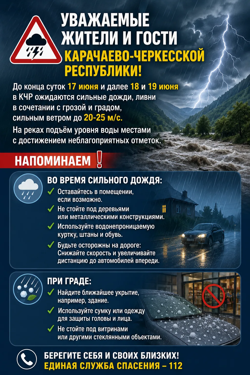 ❗️❗️❗️
Уважаемые жители и гости Карачаево-Черкесской Республики!

⛈️ По данным синоптиков, до конца 