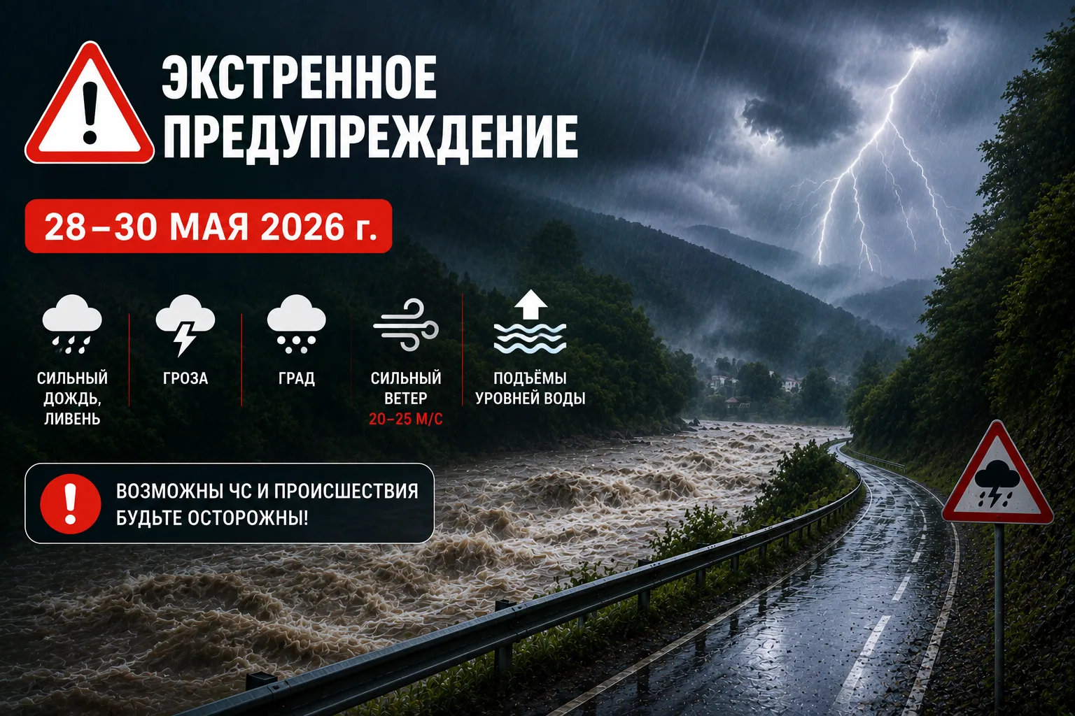 ⚠️🌧 Экстренное предупреждение 28–30 мая местами в Краснодарском крае ожидается комплекс неблагоприят