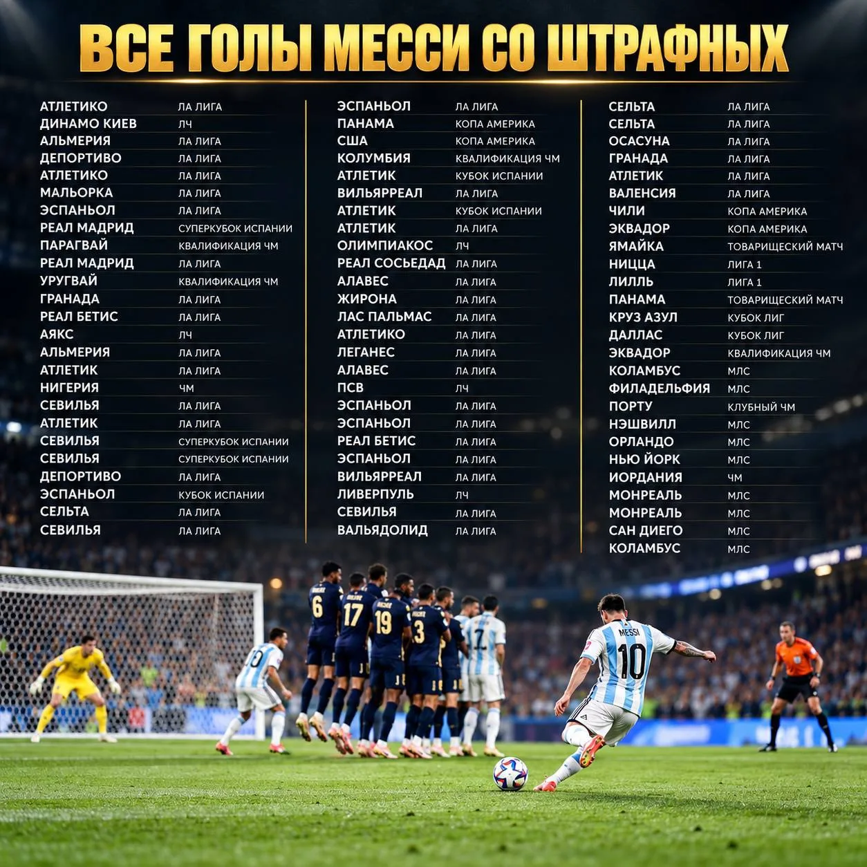 📊Чтобы побить рекорд по количеству голов, забитых со штрафных, Месси осталось забить в...