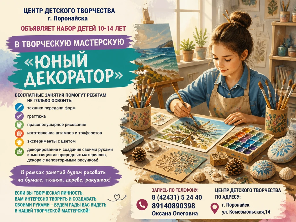 📢Центр детского творчества г. Поронайска объявляет набор детей 10-14 лет в творческую ...