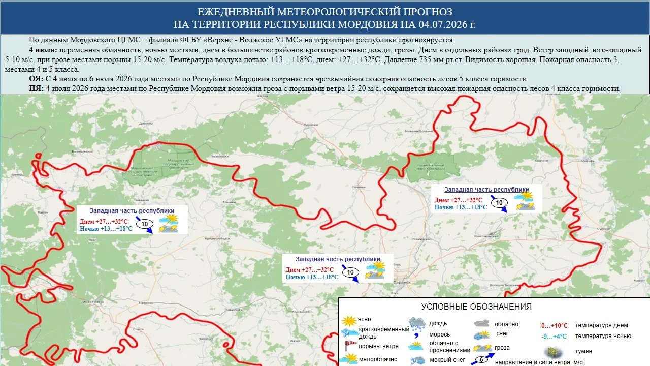 ☁️⛅⛈️ 4 июля в Мордовии переменная облачность, ночью местами, днем в большинстве районо...