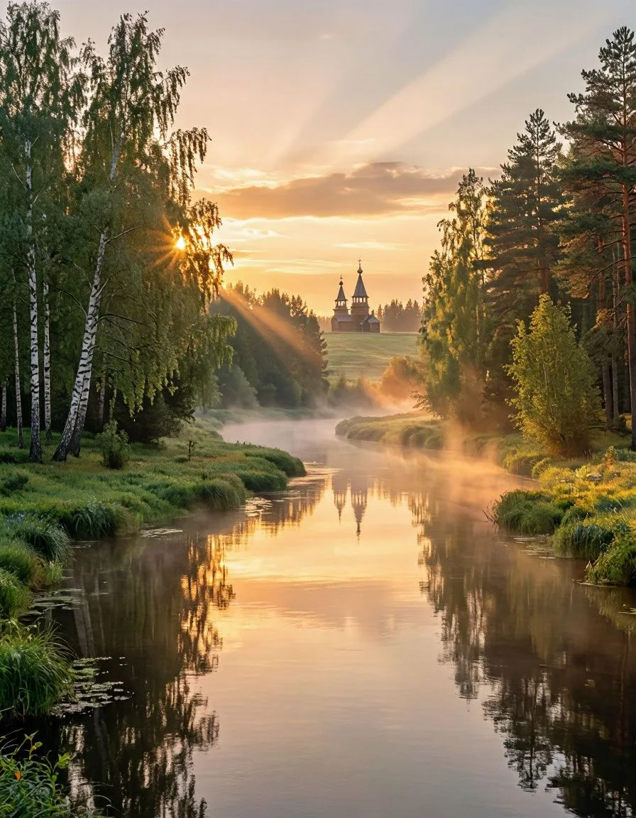 Beautiful natural landscape of Russia, early morning during golden hour. Warm soft sunlight, low ang