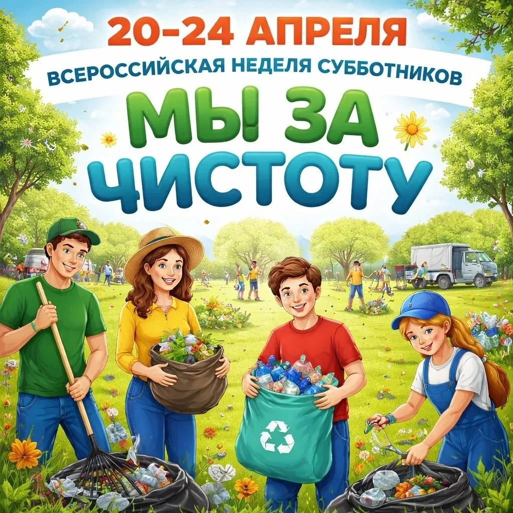 Уважаемые жители!

 С 20 по 24 апреля 2026 года пройдет Всероссийская неделя субботников «Мы за чист