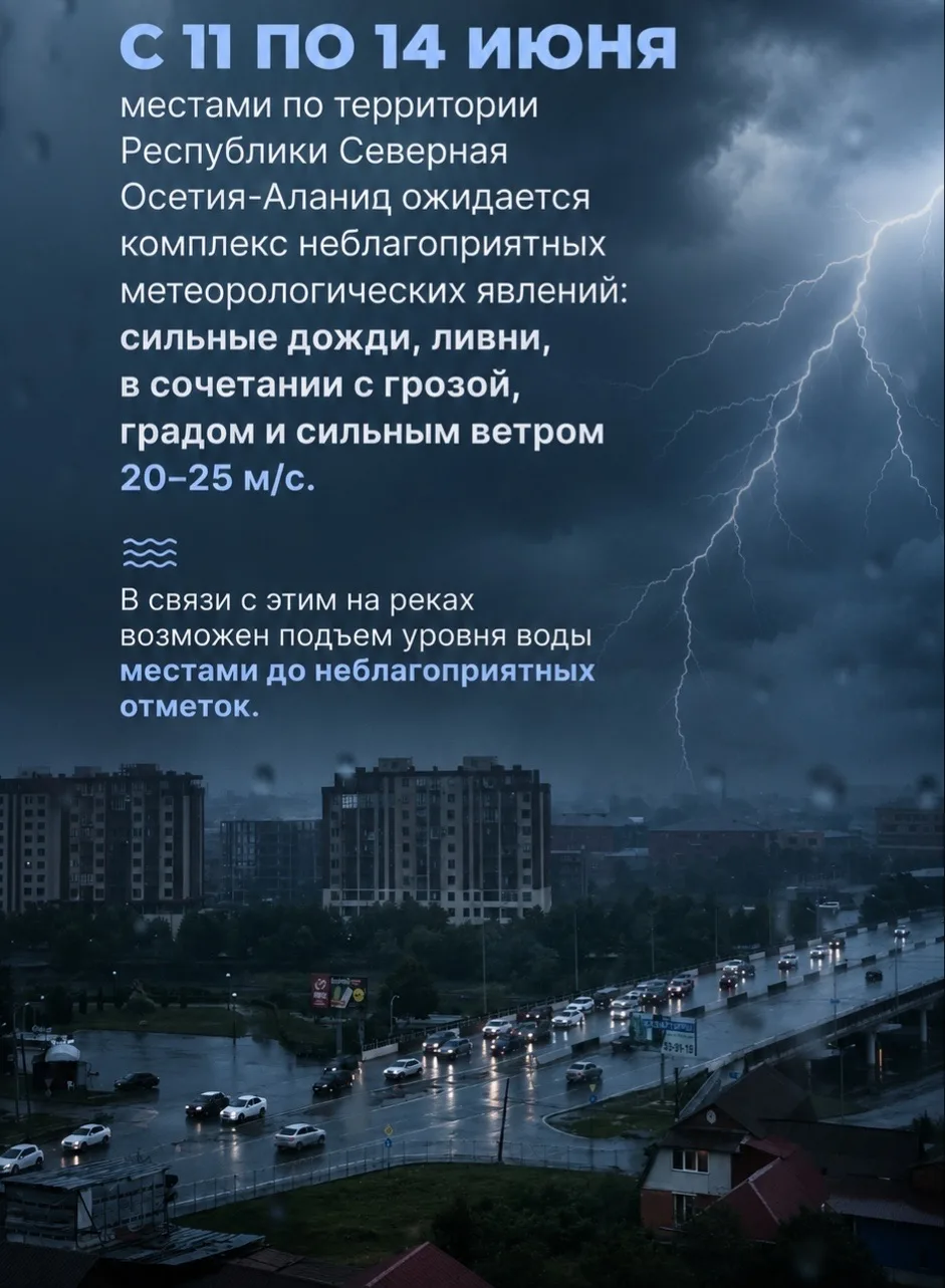 Штормовое предупреждение в Северной Осетии продлили до 14 июня 

По информации МЧС, с 11 по 14 июня 