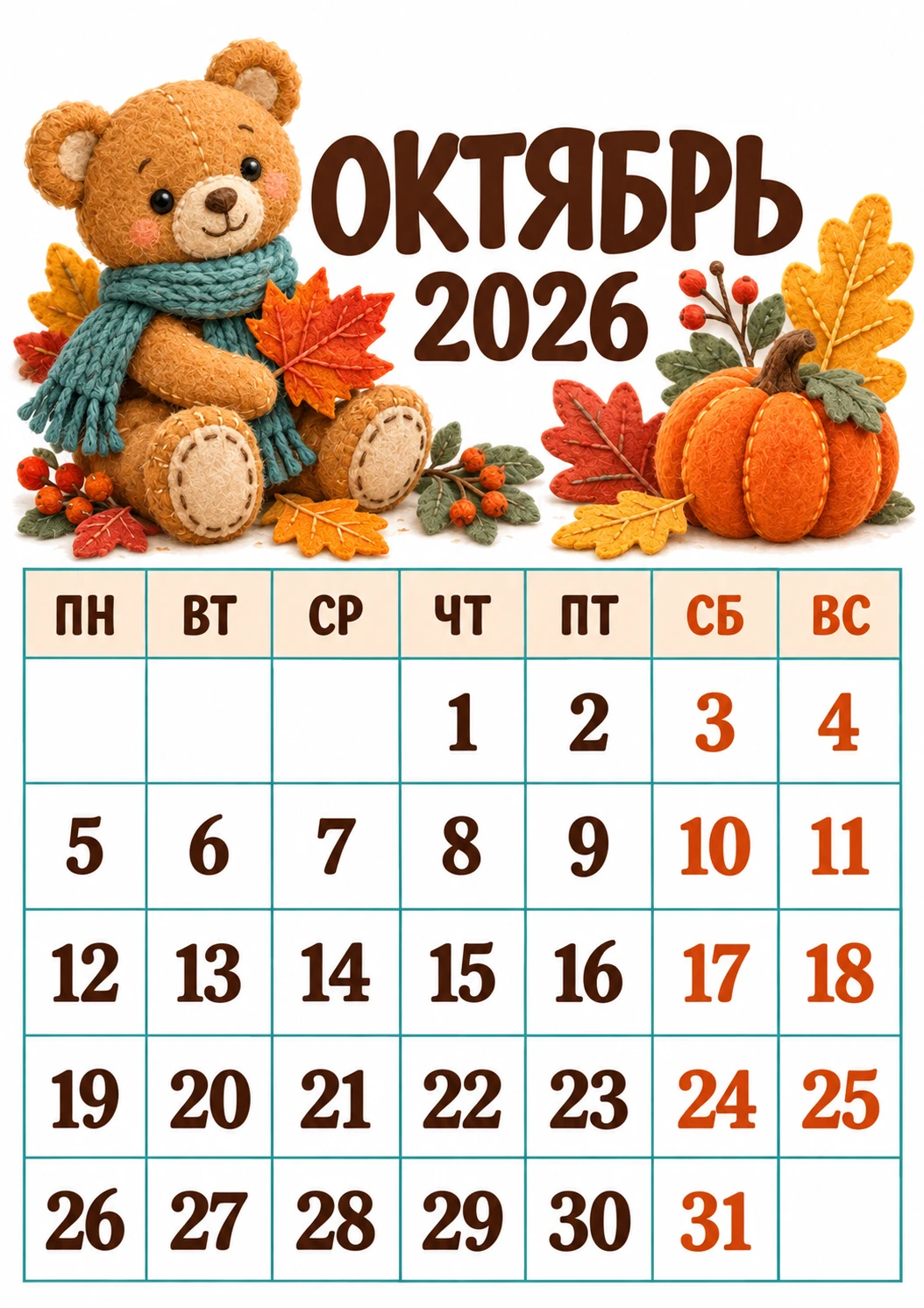 🍂 КАЛЕНДАРИ НА ОКТЯБРЬ 2026