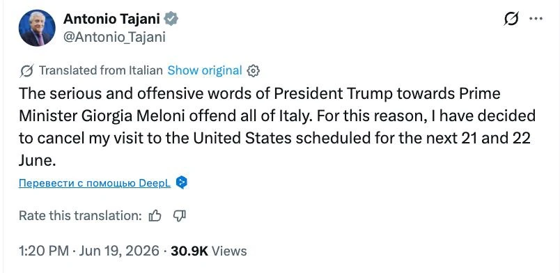 Италия отменила визит своего главы МИД Таяни в США после заявлений Трампа в адрес Мелони.