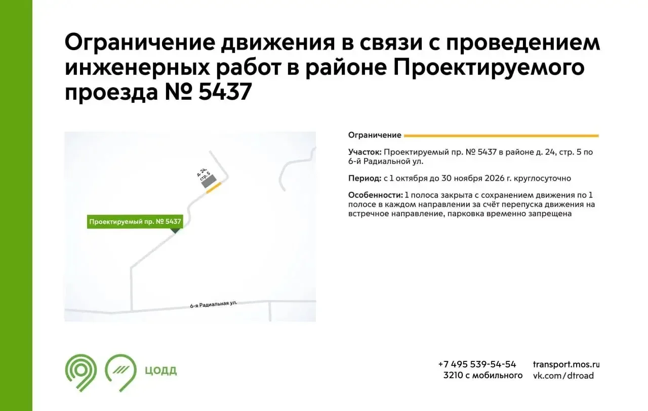С 1 октября до 30 ноября на участке Проектируемого проезда № 5437 будет недоступна для ...