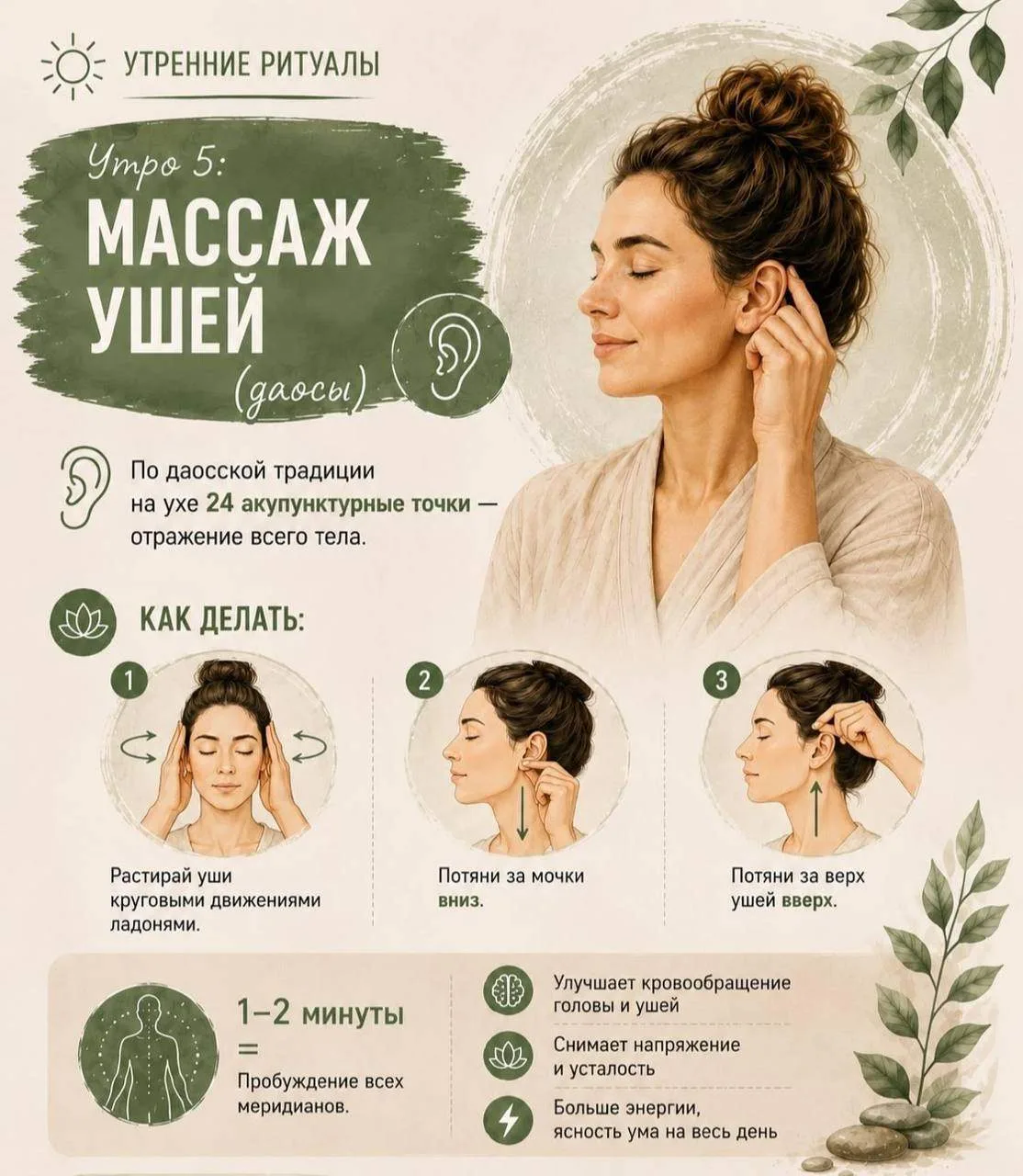 Массаж ушей 👂
 
✨ Улучшает кровообращение.
✨ Помогает расслабиться и снять напряжение.
✨ Стимулируе