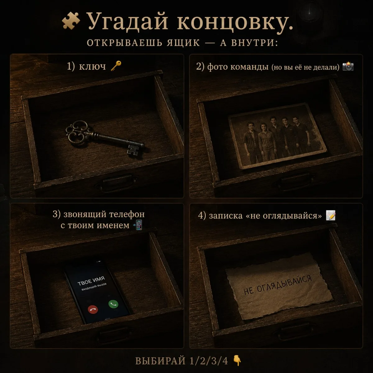 🧩 Открываешь ящик — а внутри:
1) ключ
2) фото команды (которого не было)
3) звонит телефон, на экра