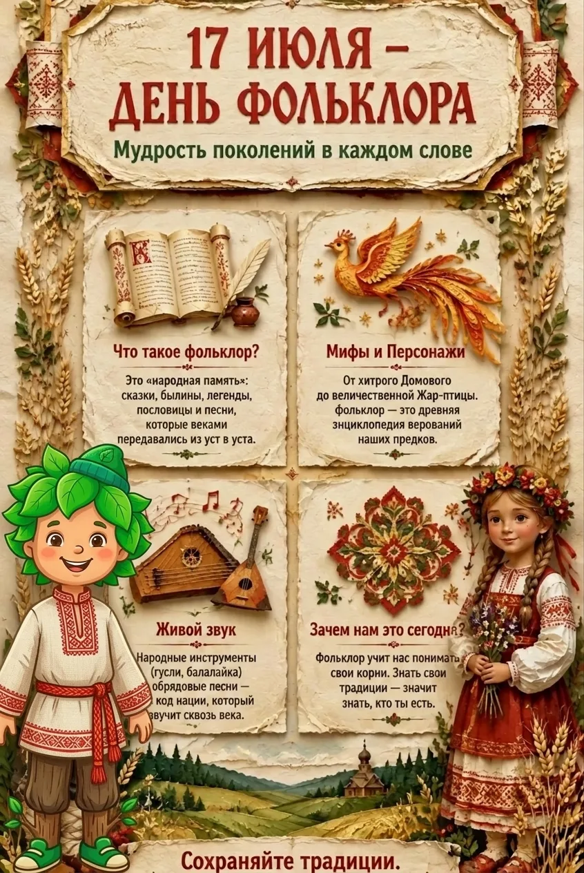 🌿 17 июля — День фольклора: когда сказка оживает!

Сегодня особенный день для всех нас! 17 июля отм