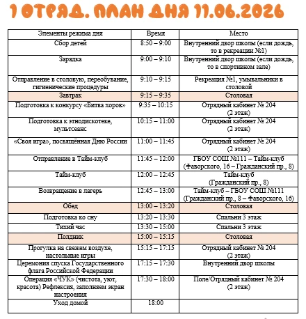 💡Публикуем актуальный план дня 11.06.2026 в ГОЛ «Радуга».