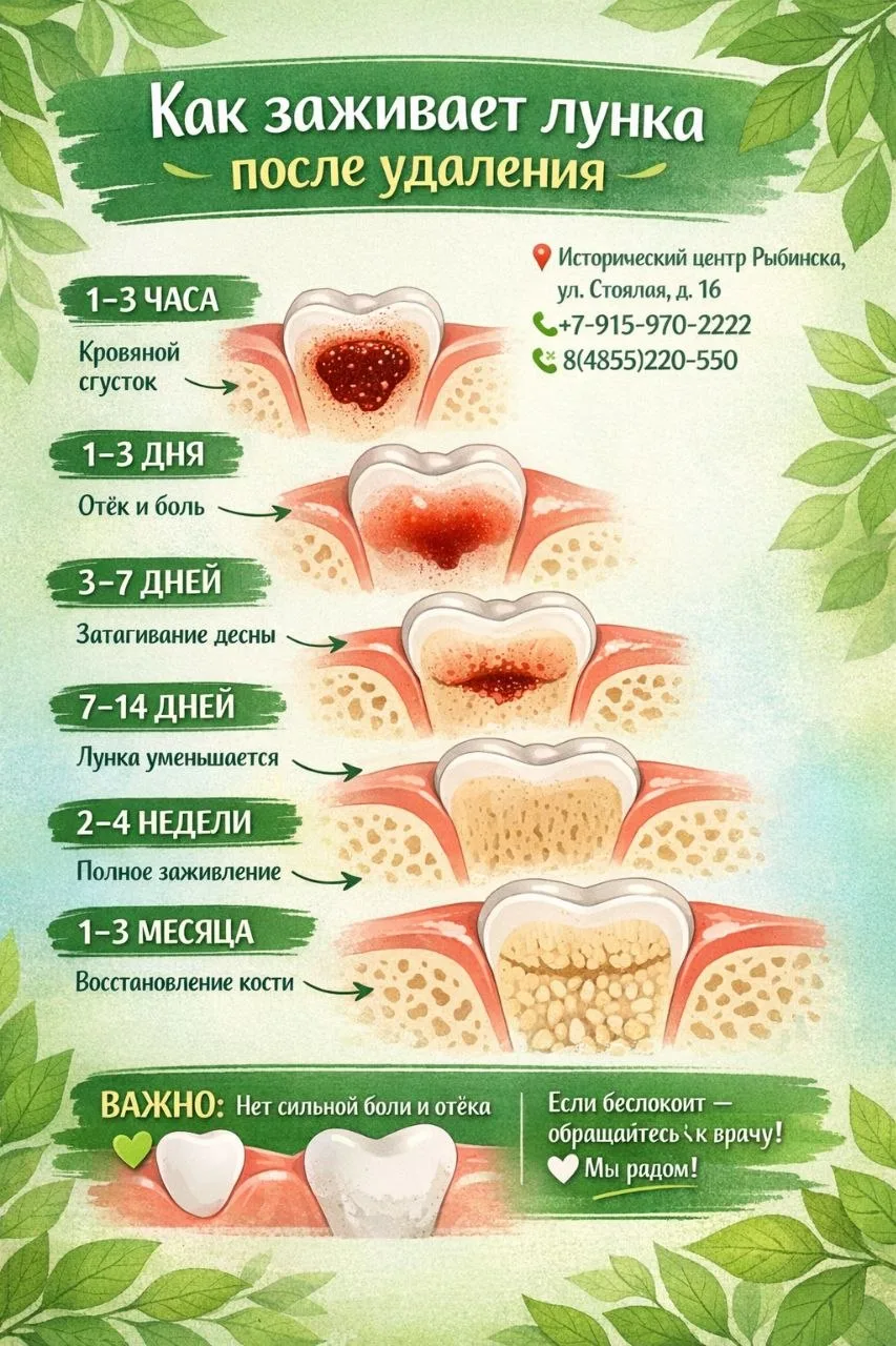 🦷 Как быстро заживает лунка после удаления зуба?
Многие пациенты переживают: всё ли заживает правил