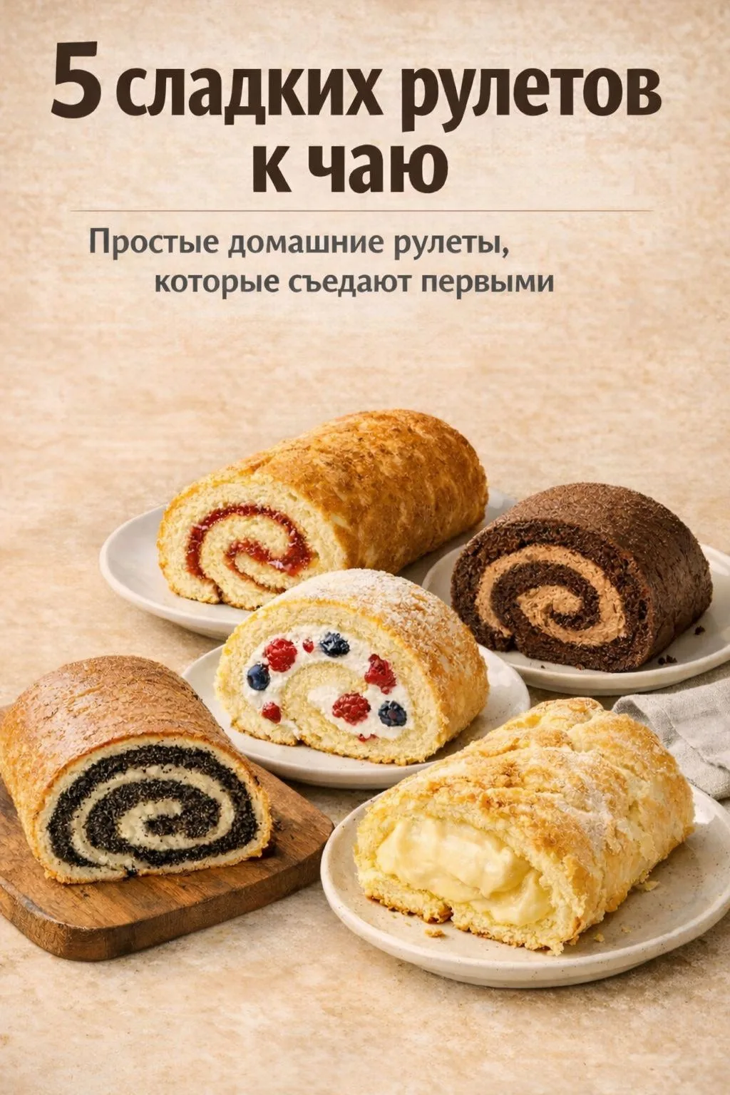 5 СЛАДКИХ РУЛЕТОВ К ЧАЮ  Если хочется чего-то домашнего, мягкого и ароматного к чаю, эти рулеты — на