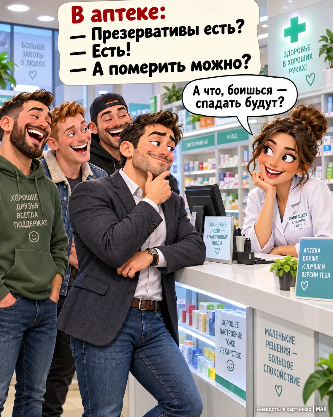 Аптека. Заходит группа парней.