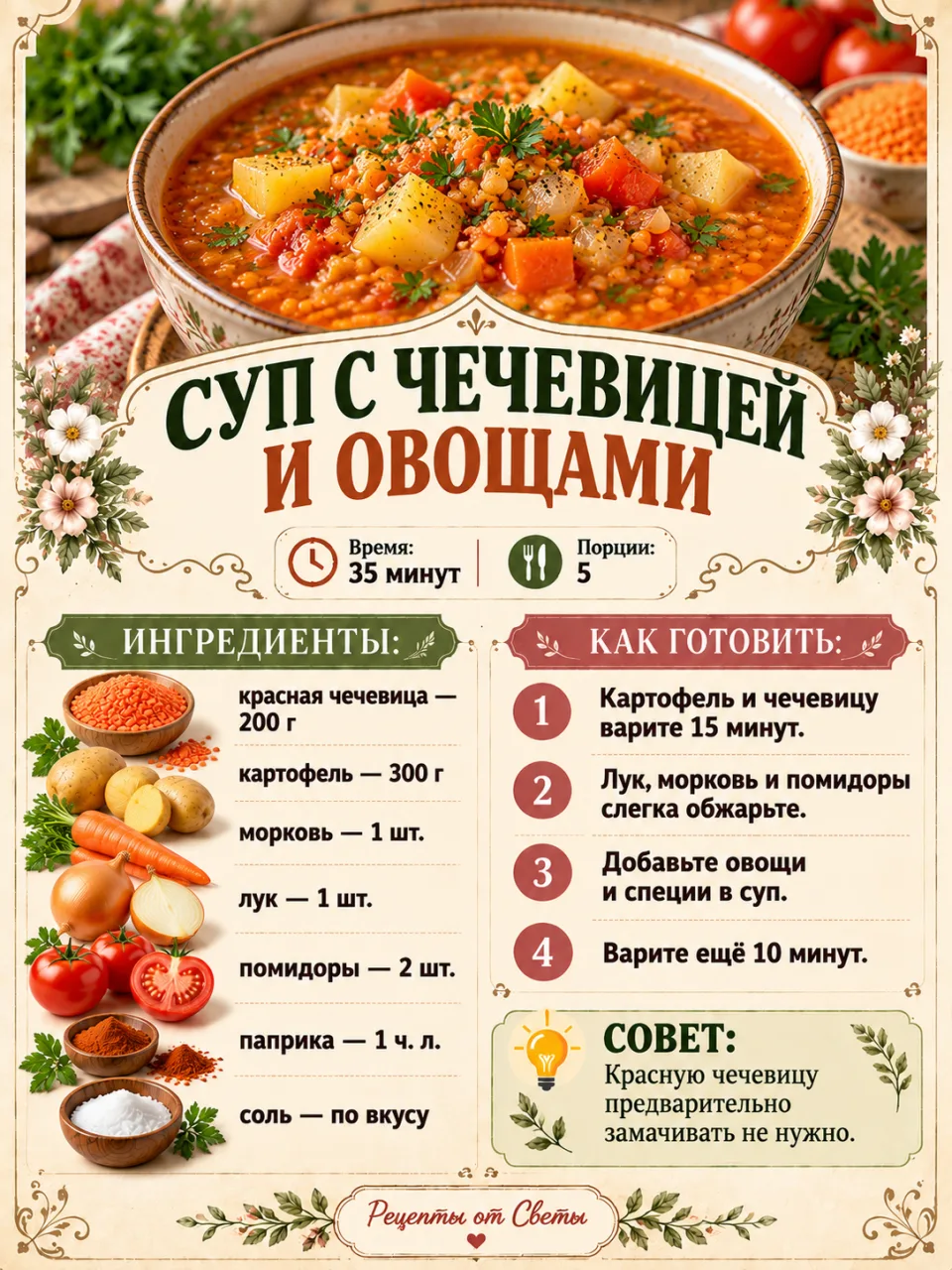 🥣 Суп с чечевицей и овощами