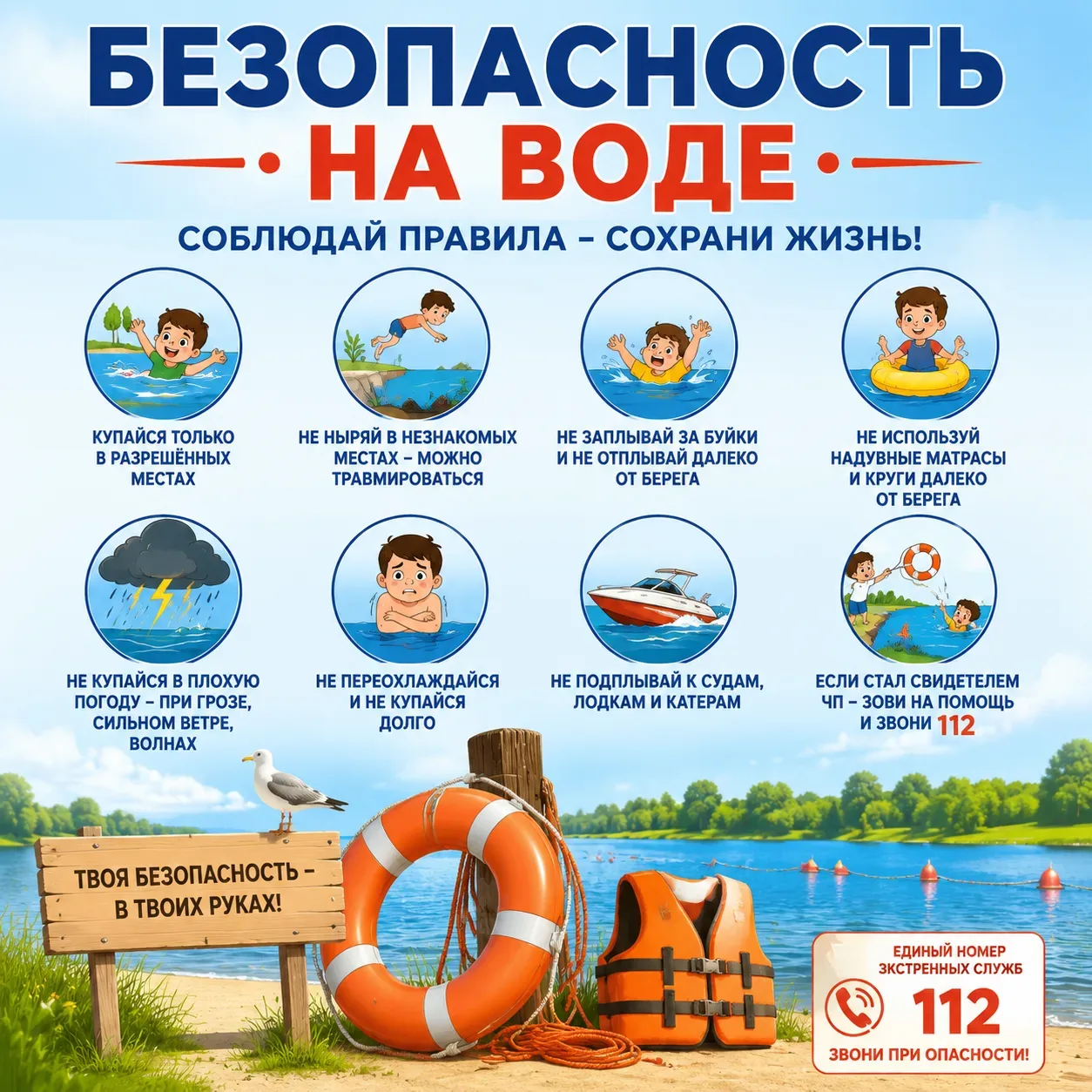 🌊 БЕЗОПАСНОСТЬ НА ВОДЕ: ПРАВИЛА, КОТОРЫЕ СПАСАЮТ ЖИЗНЬ

Лето — время отдыха у воды. Но даже в самый