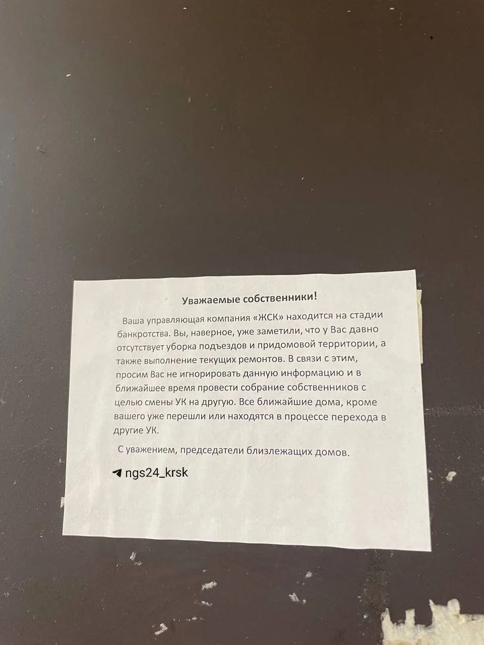 Объявления о банкротстве крупнейшей УК «ЖСК» появились в Красноярске

Одно из таких объявлений корре