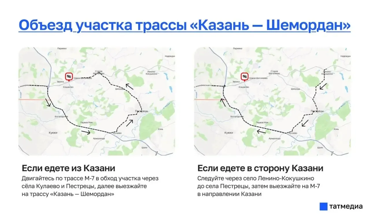 ⚡Татарстанцам объяснили как объезжать участок трассы «Казань - Шемордан»