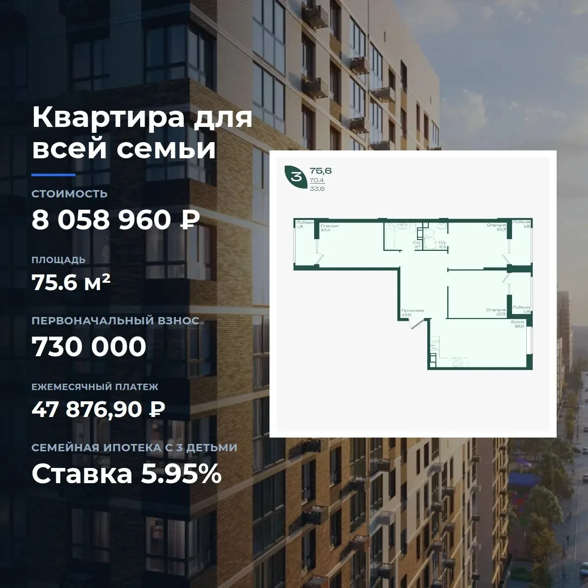 Просторная 3к для всей семьи